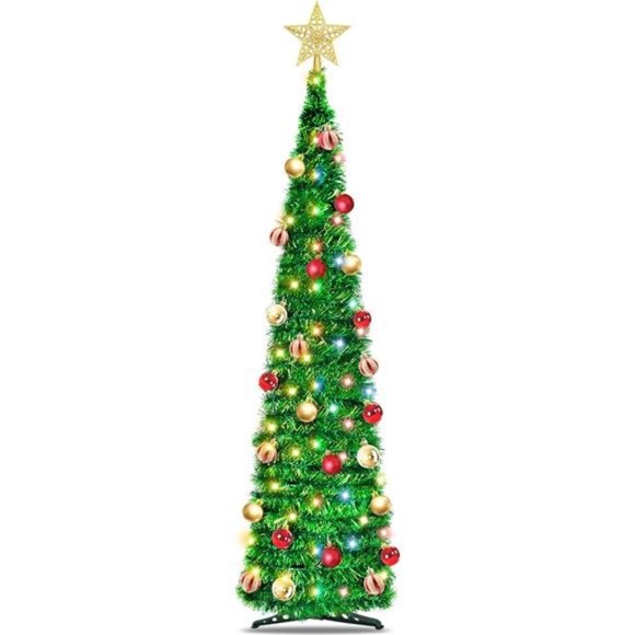 5 Ft Lighted Bling Christmas Pencil Tree Tinsel Pop Up Slim Christmas Tree